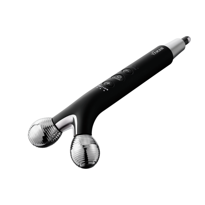 Black and silver handheld device with buttons on a white background
