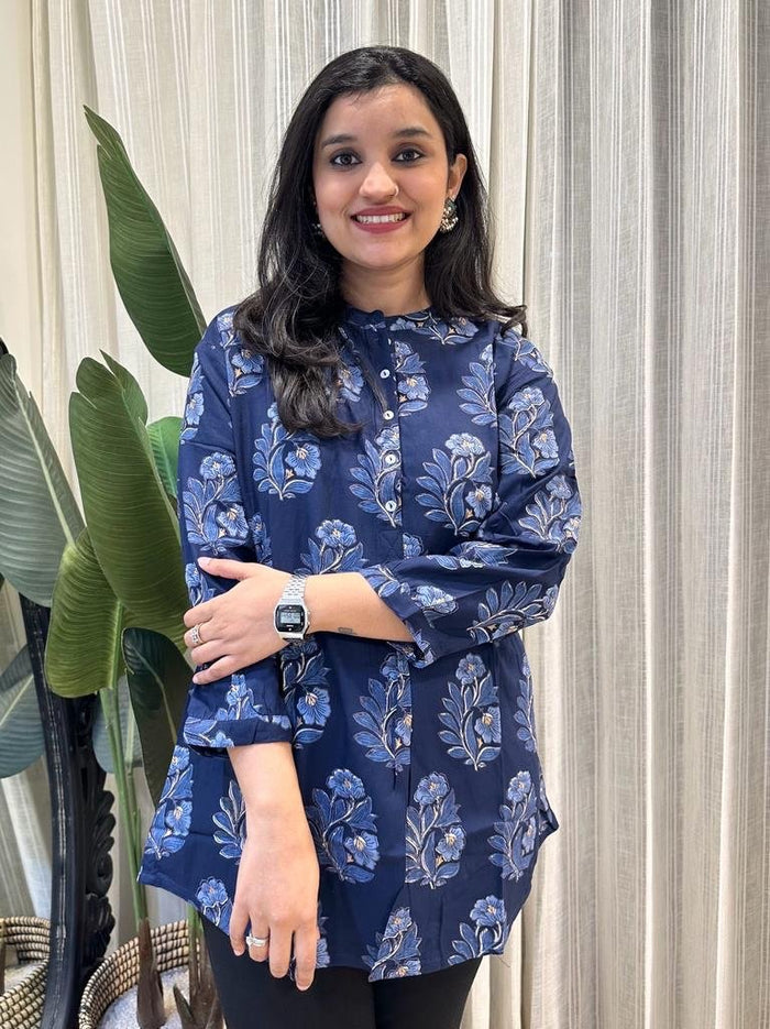 Weekend Rayon Short Kurta- Dark Blue Boota