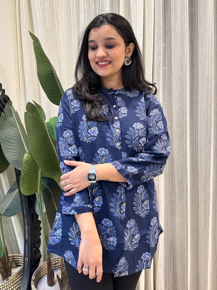 Weekend Rayon Short Kurta- Dark Blue Boota