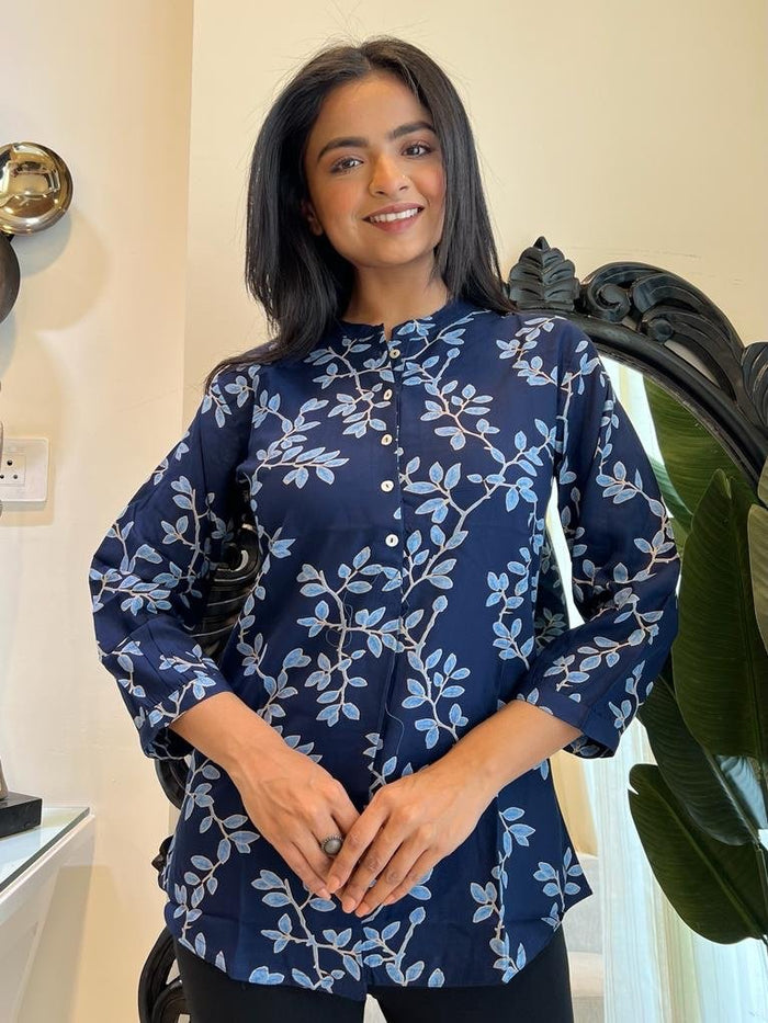 Weekend Rayon Short Kurta- Dark Blue Leaves