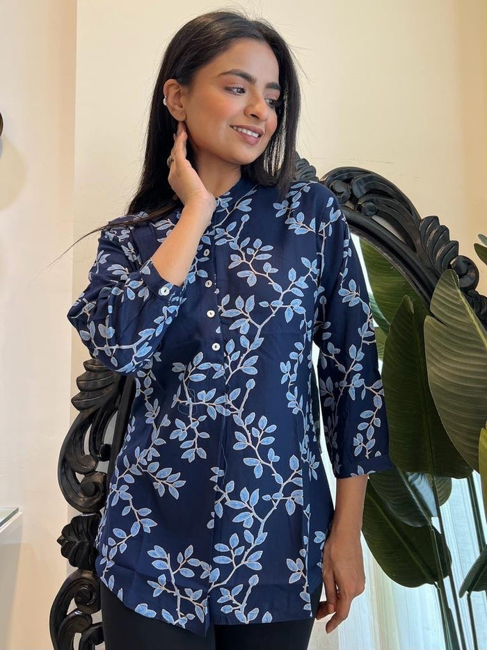 Weekend Rayon Short Kurta- Dark Blue Leaves