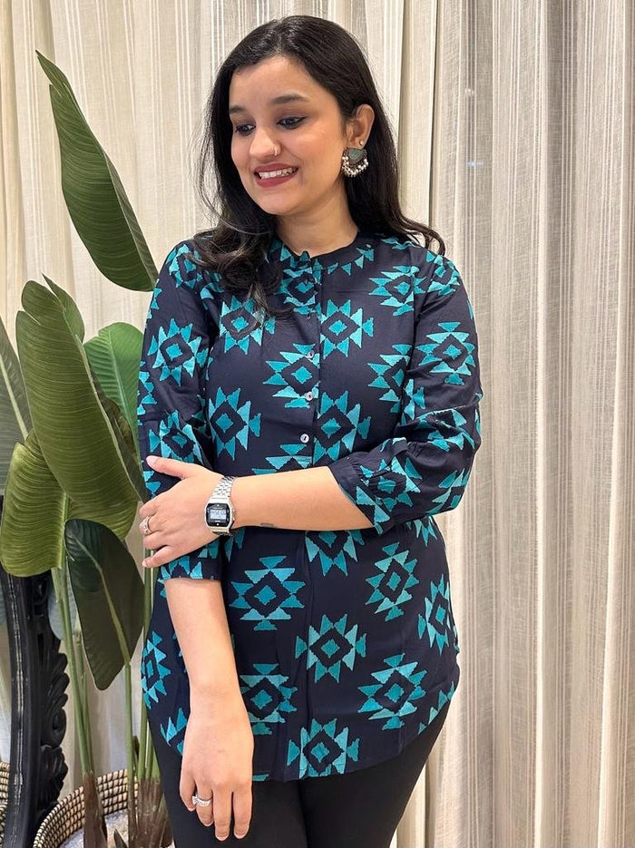 Weekend Rayon Short Kurta- Navy Blue Motif
