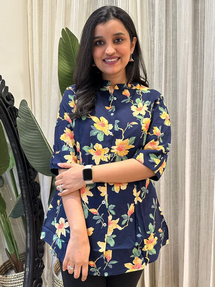 Weekend Rayon Short Kurta- Navy Bright Florals