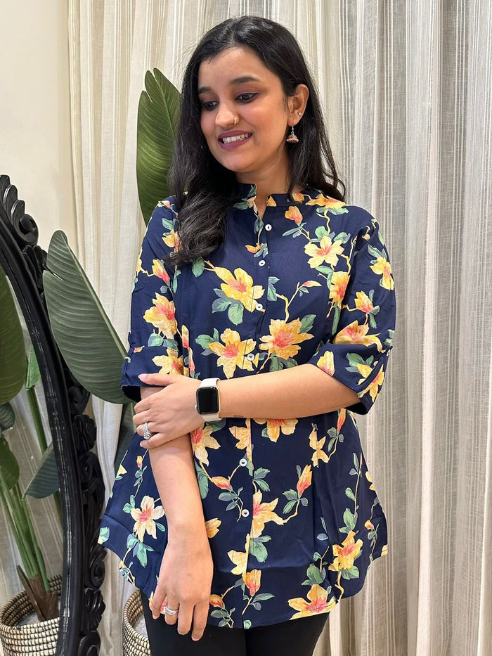 Weekend Rayon Short Kurta- Navy Bright Florals