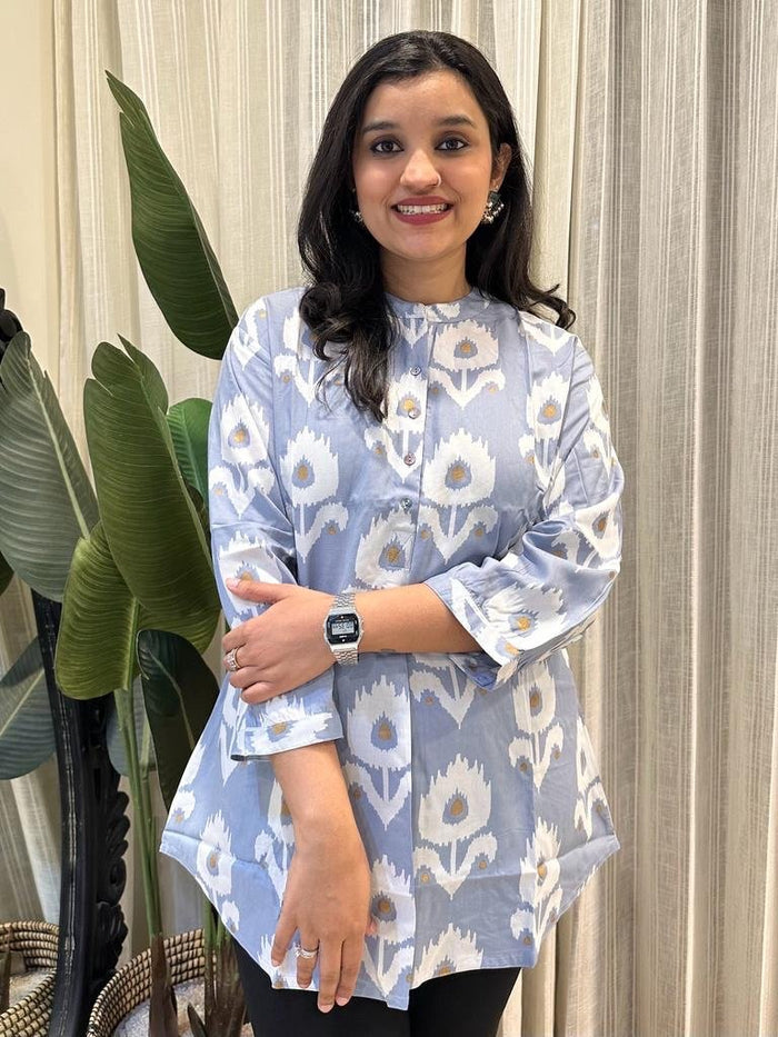 Weekend Rayon Short Kurta- Powder Blue Boota