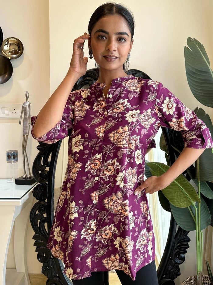 Weekend Rayon Short Kurta- Purple Floral