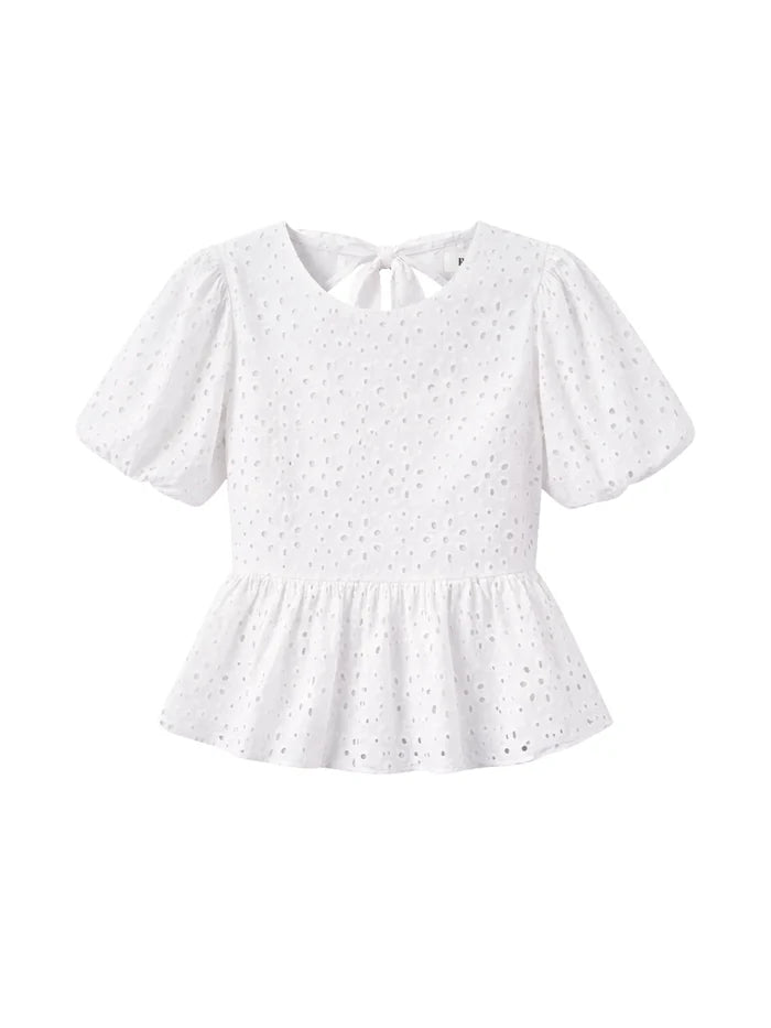 White Broderie Anglaise Cotton Gathered-Sleeve Top