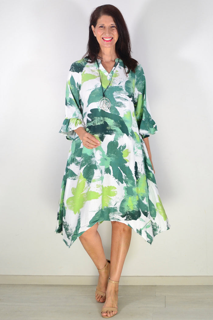 White and green paint splash tunic dress by Ruby Rain, featuring a stylish and artistic design with a relaxed fit.