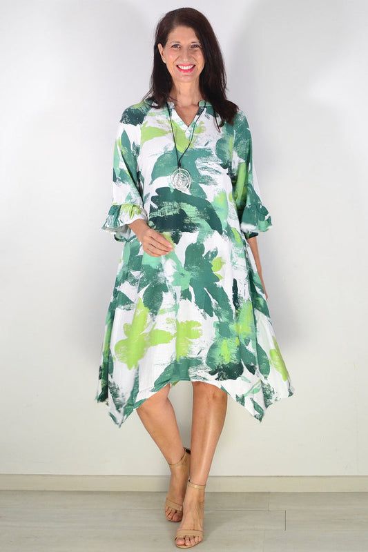White and green paint splash tunic dress by Ruby Rain, featuring a stylish and artistic design with a relaxed fit.