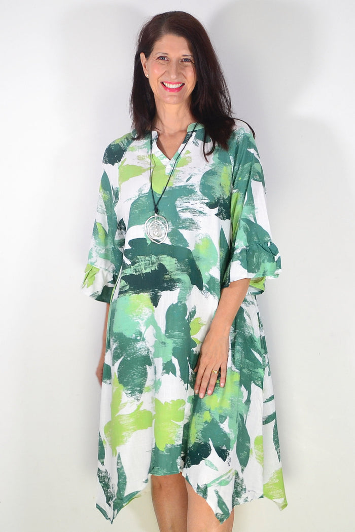 White and green paint splash tunic dress by Ruby Rain, casual flowy tunic with artistic print and relaxed fit.