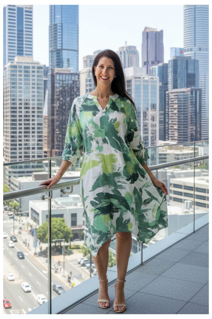 White and green paint splash design tunic dress by Ruby Rain, featuring a stylish and comfortable tunic with artistic pattern.