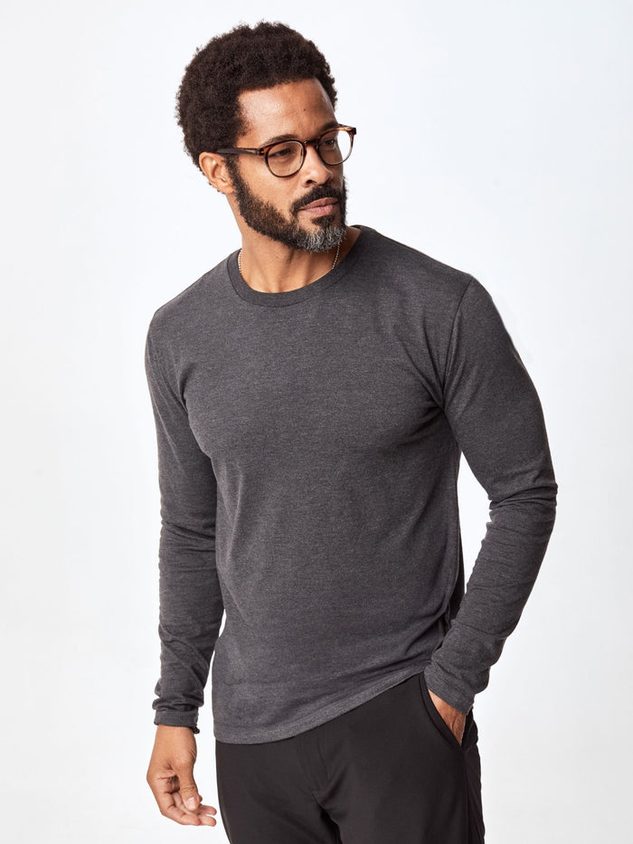 Jarrett is 6', 168lbs and wears a size M # Long Sleeve Tee in Charcoal | Foundation Pack | Fresh Clean Threads