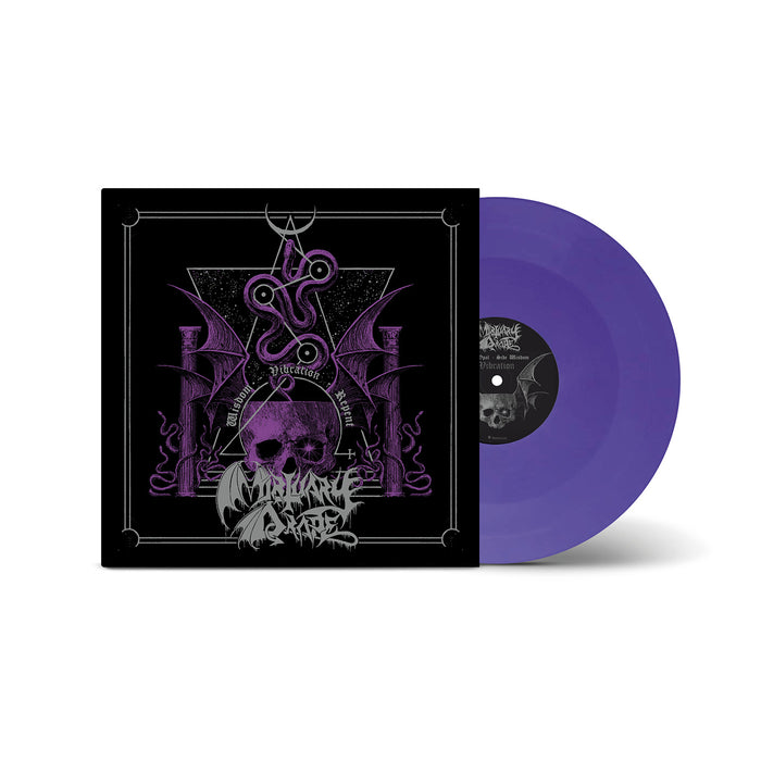 A limited edition purple vinyl from Mortuary Drape partially slides out of a black sleeve decorated with gothic skull, bat wings, and serpent artwork in purple, white, and black—reflecting the iconic dark Italian black metal style.