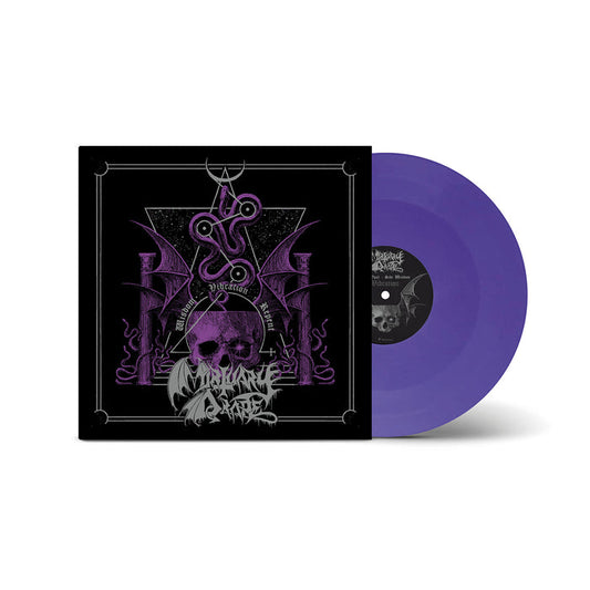A limited edition purple vinyl from Mortuary Drape partially slides out of a black sleeve decorated with gothic skull, bat wings, and serpent artwork in purple, white, and black—reflecting the iconic dark Italian black metal style.