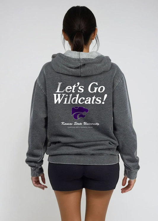Kansas State Wildcats Unisex Charcoal Relaxed Burnout fleece Hoodie with Kangaroo pocket, drop shoulders, lived-in look and feel