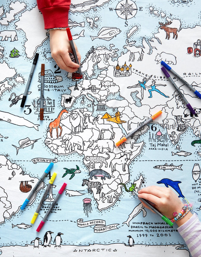 World Map Tablecloth and Pens, Eat Sleep Doodle
