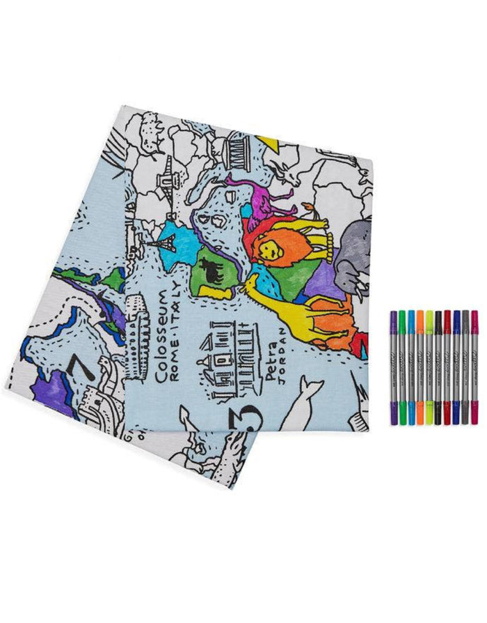 World Map Tablecloth and Pens, Eat Sleep Doodle