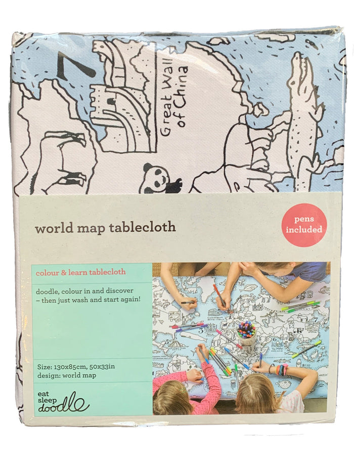 World Map Tablecloth and Pens, Eat Sleep Doodle
