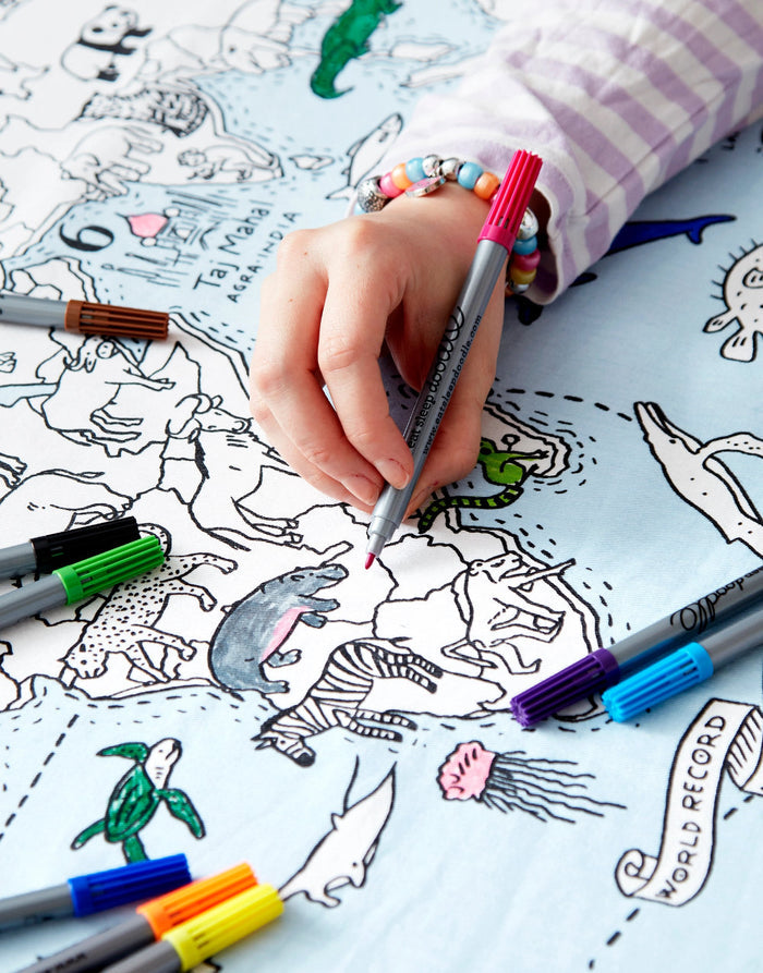 World Map Tablecloth and Pens, Eat Sleep Doodle