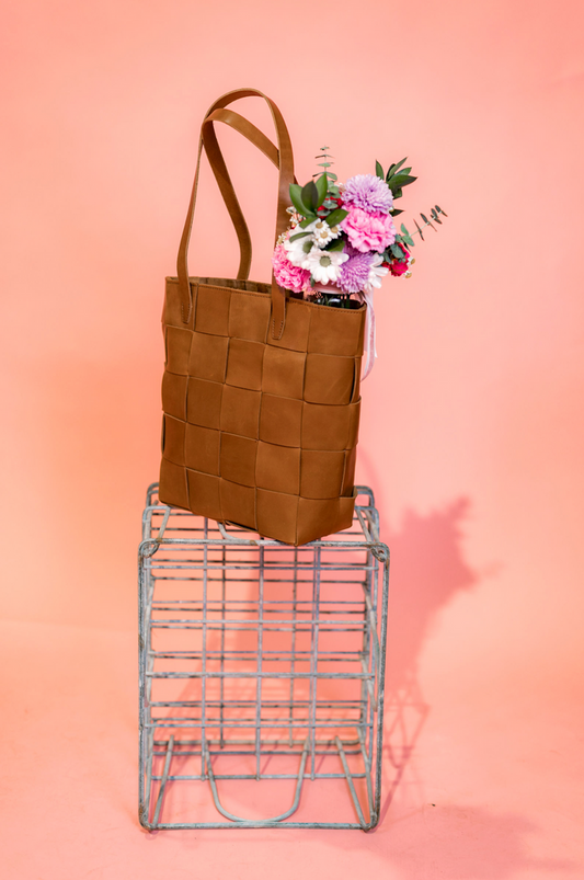 Woven Leather Tote: Tan