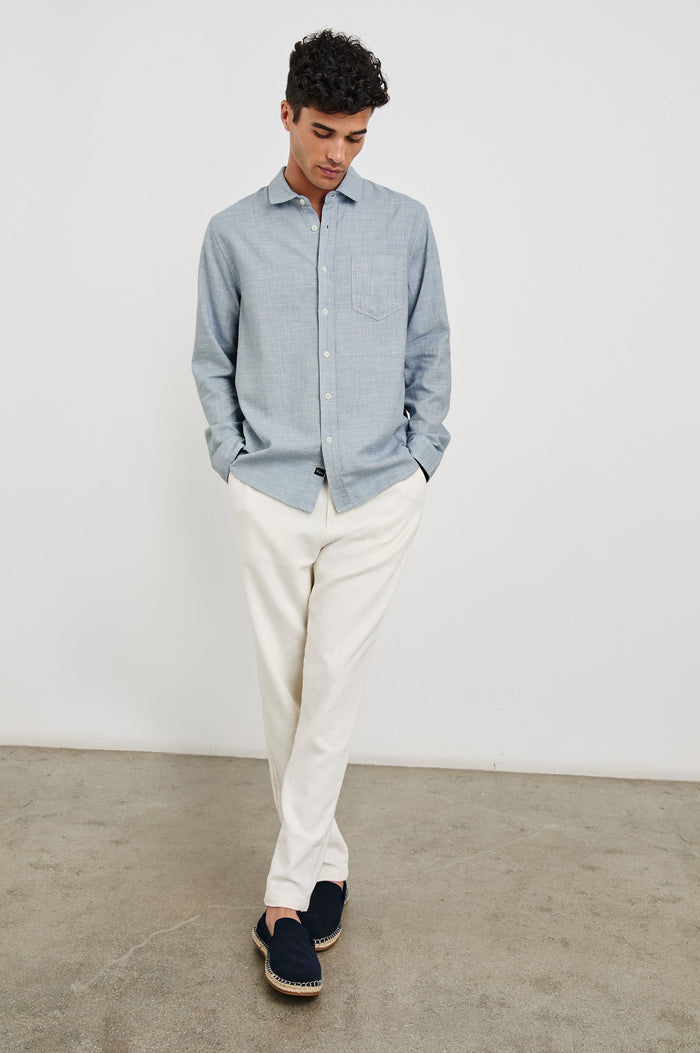 Wyatt Classic Button Up Long Sleeve Shirt in light blue Tidal Etch - full front body view on model