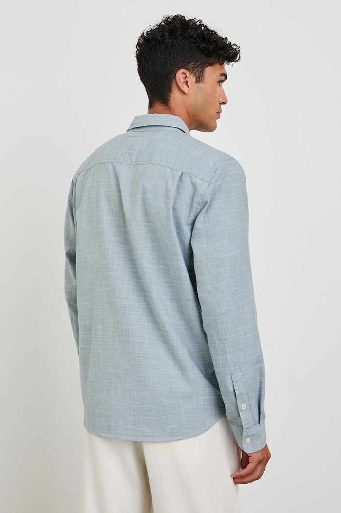 Wyatt Classic Button Up Long Sleeve Shirt in light blue Tidal Etch - back view on model