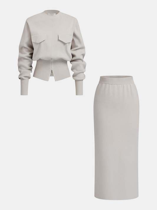 Zipper Cropped Sweater & Midi Skirt Set