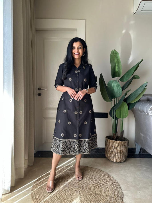 Ziva A-line Embroidered Dress- Black