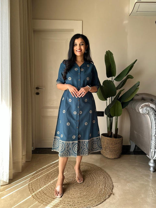Ziva A-line Embroidered Dress- Teal Blue