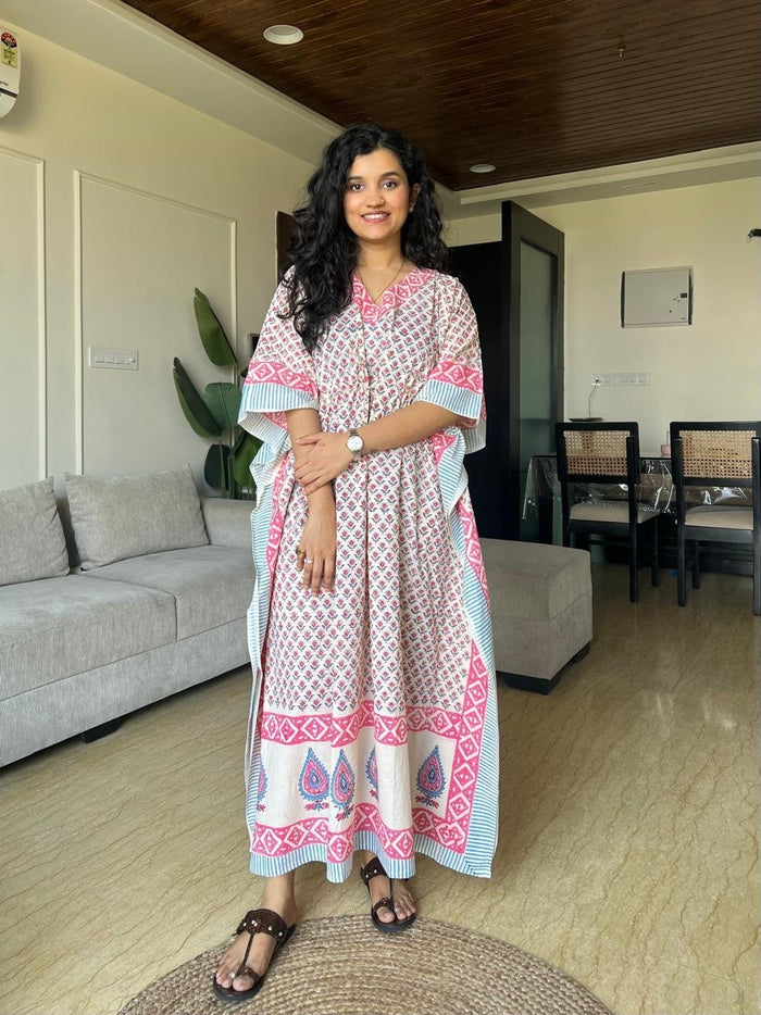 Zura Block Print Kaftan- Pastel Booti